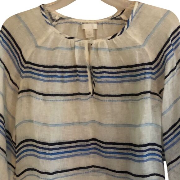 J.Crew 100% Linen Peasant Blouse Womens Sz 2 Sheer Indigo Striped Coastal Beachy - Picture 3 of 13